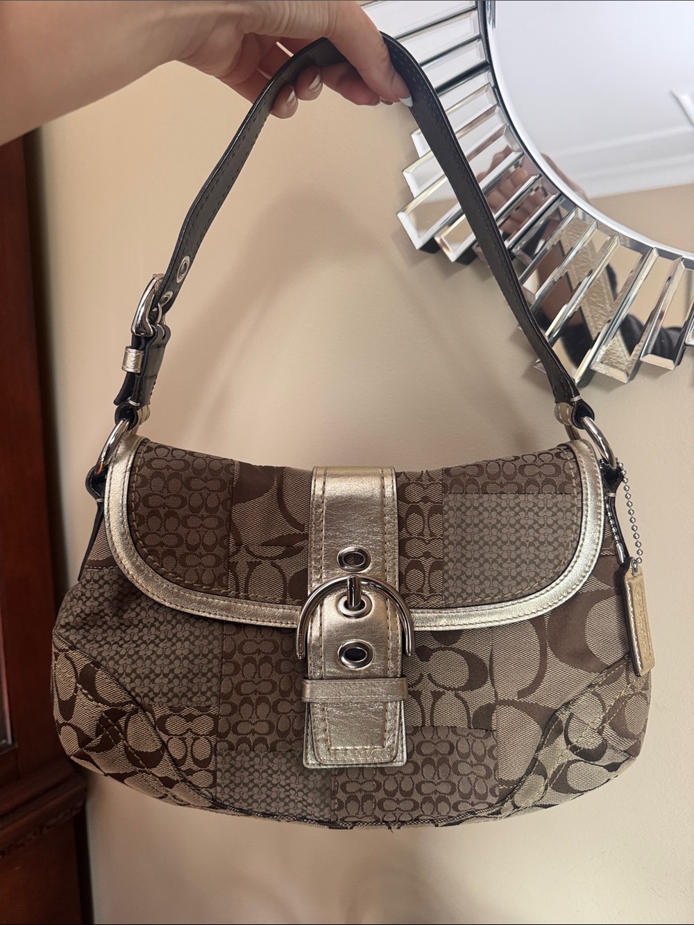 Coach Brown Signature Patchwork Shoulder Bag with Gold Trim